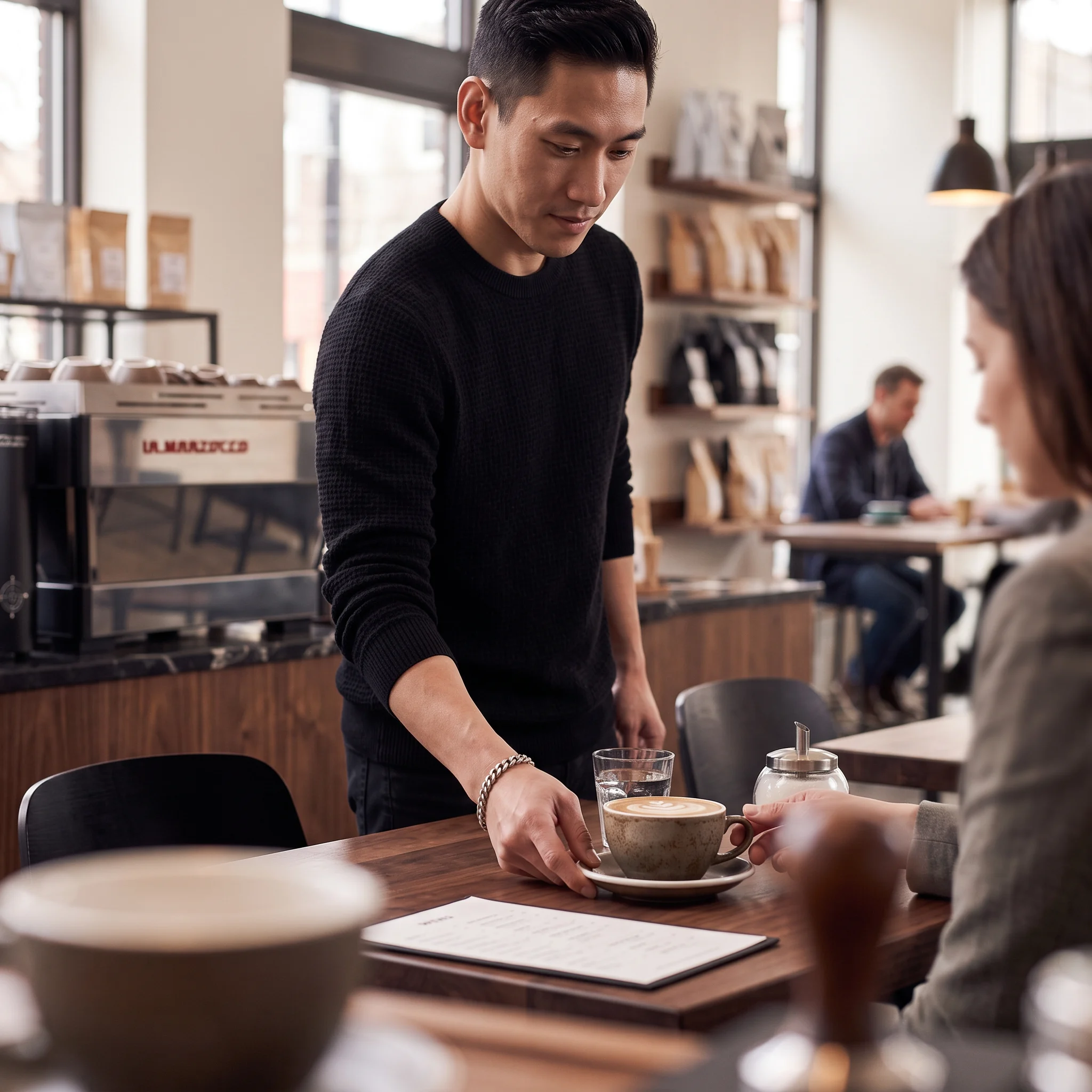 Cafe worker serving coffee