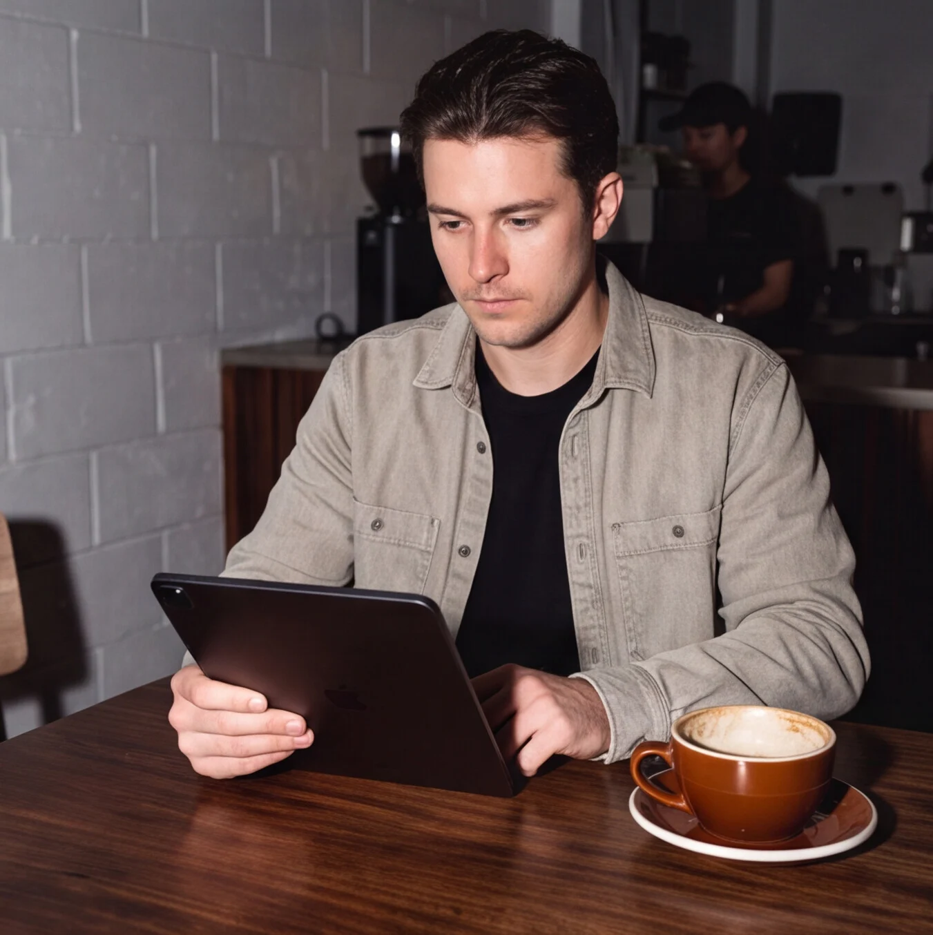 Cafe owner reviewing business figures on a tablet